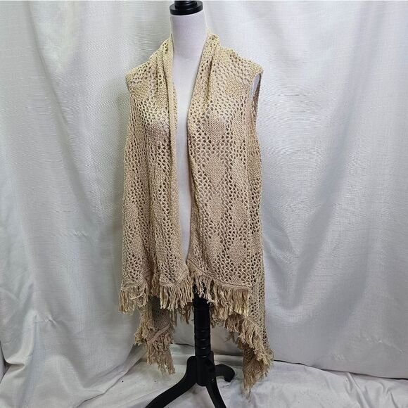 Retro Threads Tan Crochet Knit Open Front Sleeveless Cardigan Size XXL - Picture 3 of 6